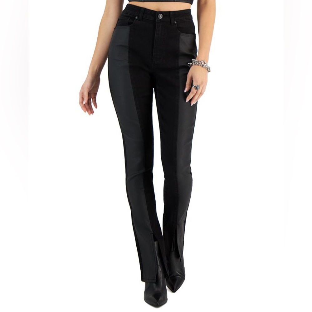 Gemma Rae split hem black/leather flare jeans size 1/25
